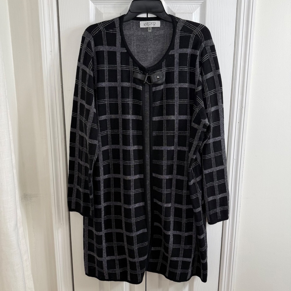 Kasper Plaid Cardigan 1X Black White Leather Buckle Dark Academia Chic